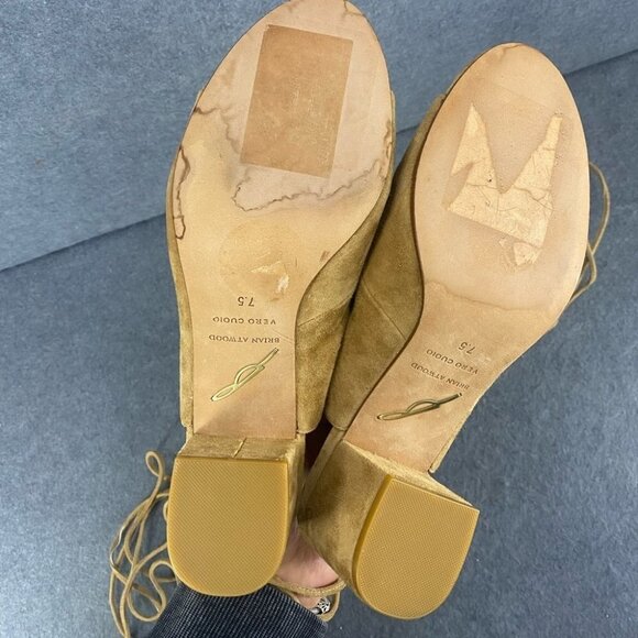 Brian Atwood Ankle Wrap Heel Tan Suede Leather Women’s Size 7.5 - Picture 8 of 15